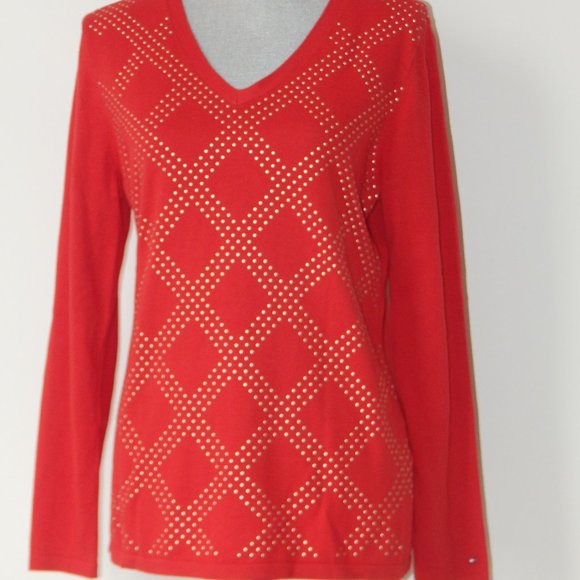 Tommy Hilfiger Golden Studded Knit 100% COTTON V NECK PULLOVER SWEATER - Picture 1 of 6